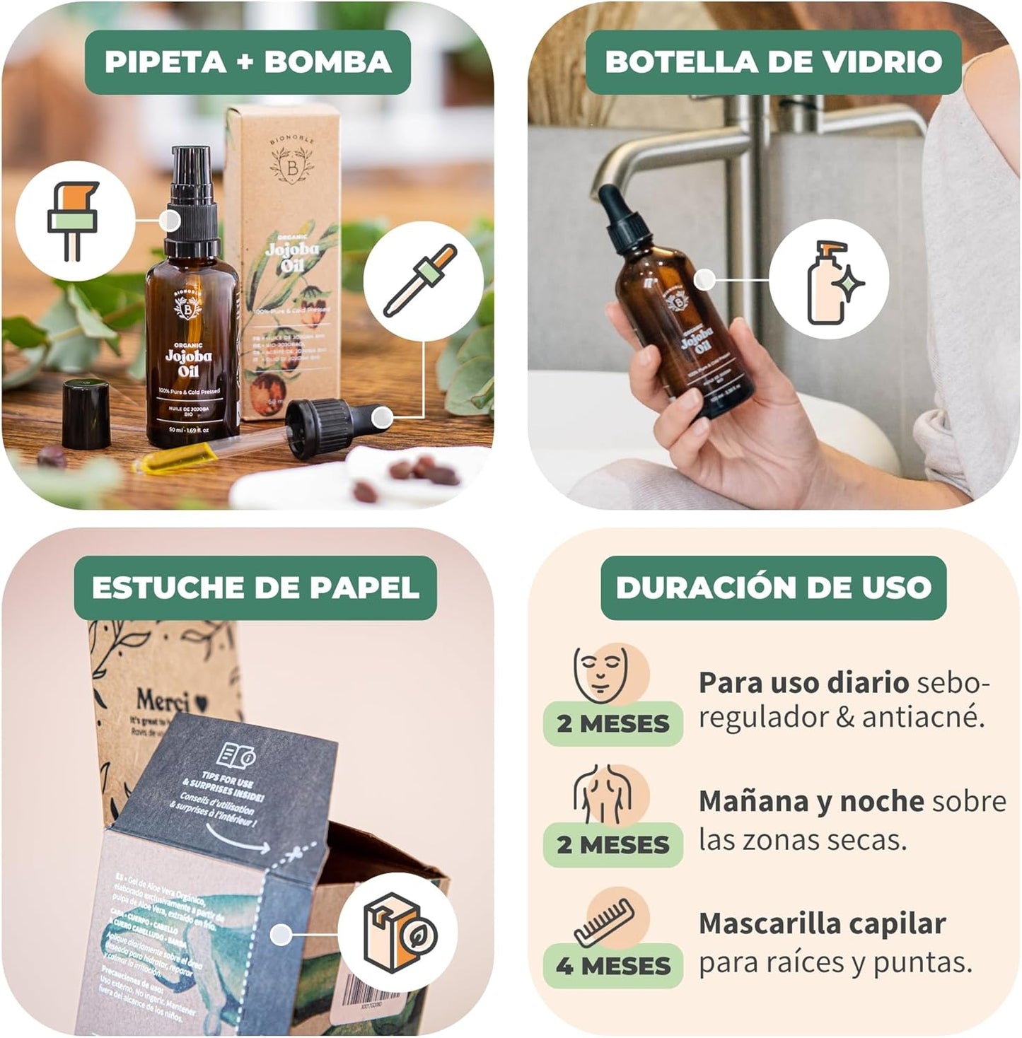 Aceite De Jojoba Orgánico 50Ml 100% Puro, Natural Y Prensado En Frío - Rostro, Cuerpo, Cabello, Barba, Uñas - Vegano Y Cruelty Free - Jojoba Oil - Botella De Vidrio + Pipeta + Bomba.