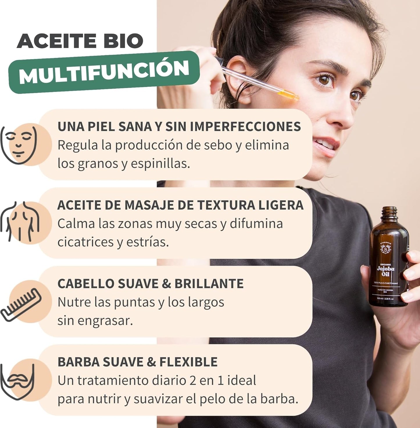Aceite De Jojoba Orgánico 50Ml 100% Puro, Natural Y Prensado En Frío - Rostro, Cuerpo, Cabello, Barba, Uñas - Vegano Y Cruelty Free - Jojoba Oil - Botella De Vidrio + Pipeta + Bomba.
