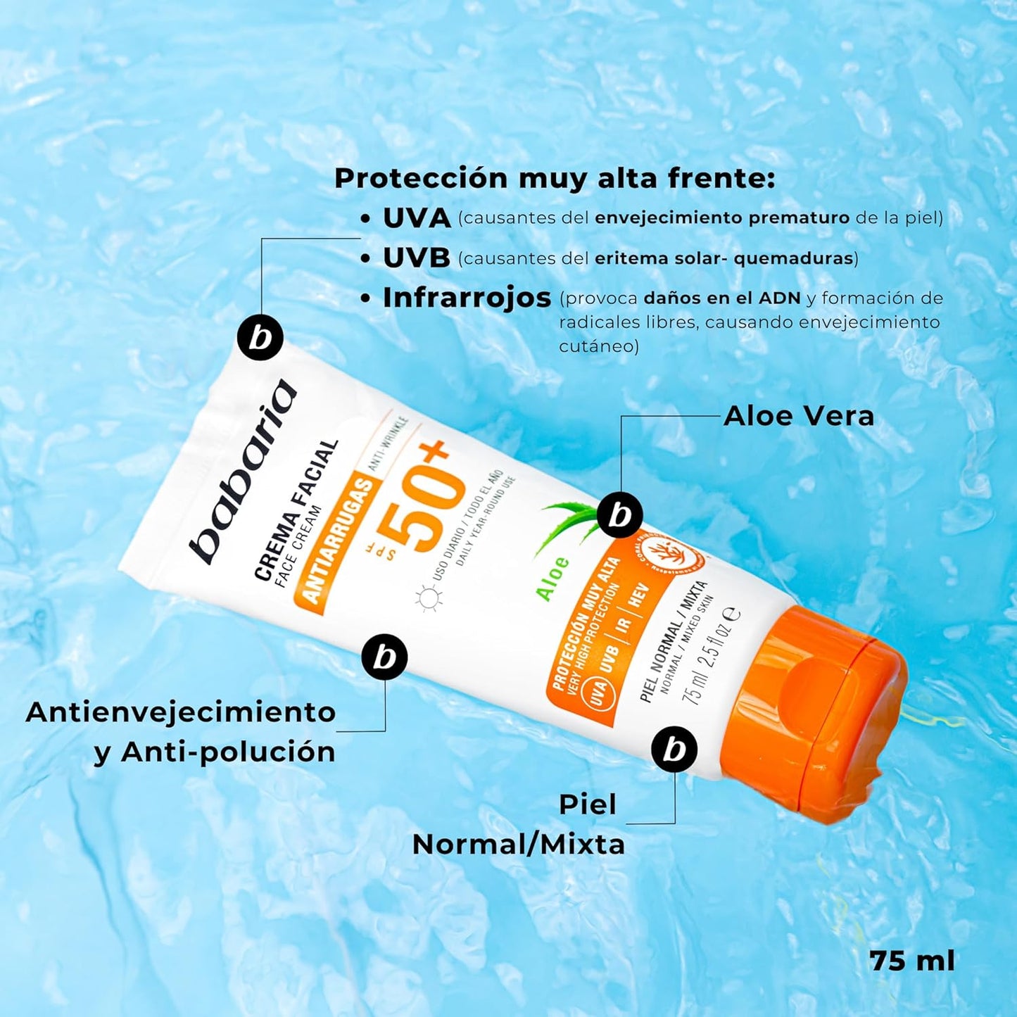 Babaria - Crema Solar Facial 50 | Protector Solar Facial 50 Aloe | Crema Hidratante Con Protección Solar 50 | SPF De Cara