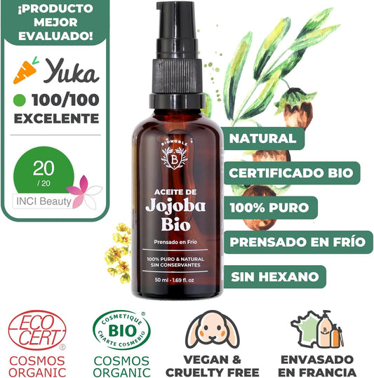 Aceite De Jojoba Orgánico 50Ml 100% Puro, Natural Y Prensado En Frío - Rostro, Cuerpo, Cabello, Barba, Uñas - Vegano Y Cruelty Free - Jojoba Oil - Botella De Vidrio + Pipeta + Bomba.