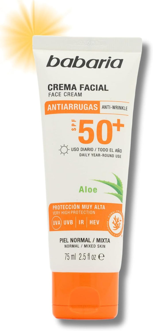 Babaria - Crema Solar Facial 50 | Protector Solar Facial 50 Aloe | Crema Hidratante Con Protección Solar 50 | SPF De Cara
