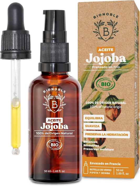 Aceite De Jojoba Orgánico 50Ml 100% Puro, Natural Y Prensado En Frío - Rostro, Cuerpo, Cabello, Barba, Uñas - Vegano Y Cruelty Free - Jojoba Oil - Botella De Vidrio + Pipeta + Bomba.