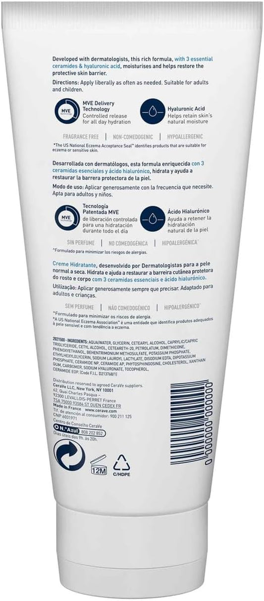 Cerave Crema Hidratante Para Rostro Y Cuerpo, Idónea Para Piel Seca a Muy Seca, Hidrata Y Restaura La Barrera De La Piel, Enriquecida Con Ceramidas Esenciales Y Ácido Hialurónico, 177Ml