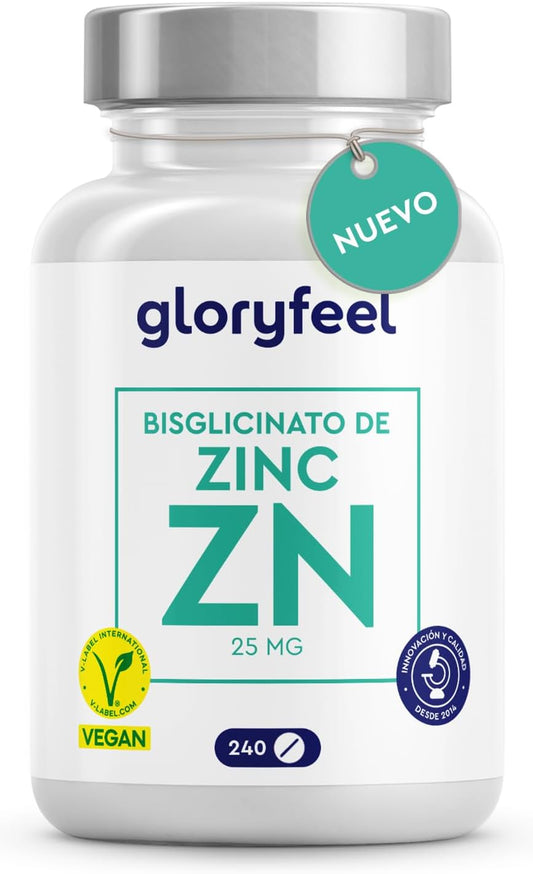 Bisglicinato De Zinc 25Mg - 240 Tabletas (Para 8 Meses) - Sistema Inmunitario, Piel Y Cabello - Zinc Elemental De Alta Biodisponibilidad (Quelato De Zinc) - Probado En Laboratorio Y Sin Aditivos