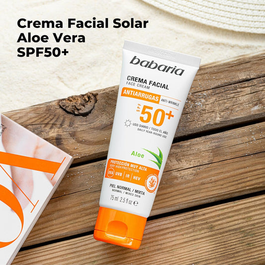 Babaria - Crema Solar Facial 50 | Protector Solar Facial 50 Aloe | Crema Hidratante Con Protección Solar 50 | SPF De Cara