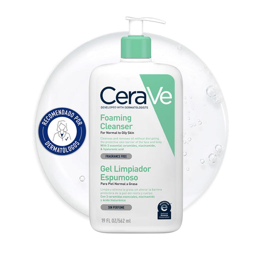 Cerave Gel Limpiador Espumoso, Para Piel Normal a Grasa, Elimina El Exceso De Grasa Y Suciedad, Enriquecido Con Ceramidas Esenciales, Niacinamida Y Ácido Hialurónico, Apto Para Rostro Y Cuerpo, 562Ml